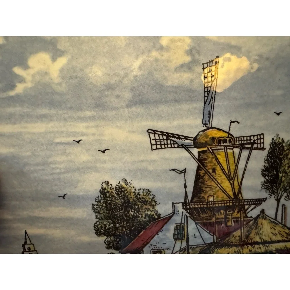 Vintage Delft Handpainted Ceramic Tile Dutch Windmill Canal Holland 6